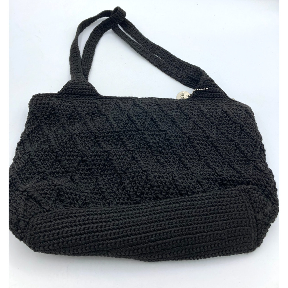 The Sak Black‎ Crochet Shoulder Bag Diamond Knit Hobo Tote Zip Top Purse